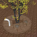 Outdoor Chairs On Circular Wooden Platform With Tree And Gravel Ground