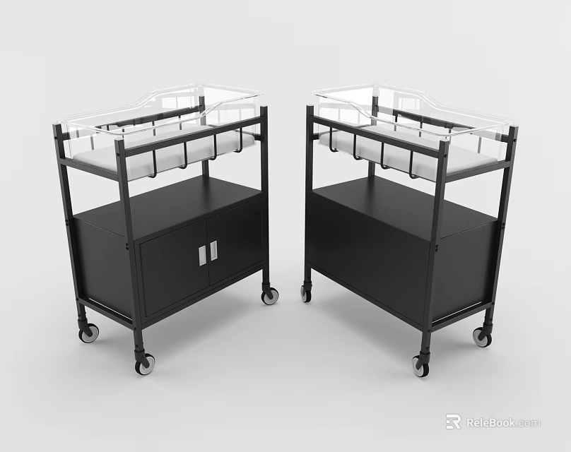 Two Black Baby Care Carts With Transparent Tops Wheels And Storage Cabinets 3d model 