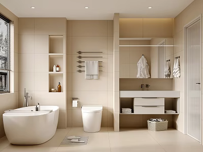 Modern Bathroom Interior Design With Freestanding Bathtub Vanity Sink Toilet And Wall-Mounted Mirror 3d model