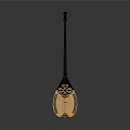 Wooden String Musical Instrument with Carved Patterns and Art Supplies on Gray Background
