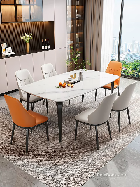 Modern Restaurant Interior With White Marble Dining Table And Orange White Chairs 3d model