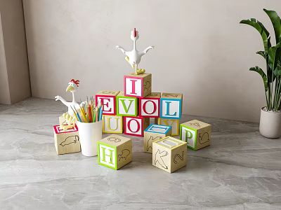 Colorful Alphabet Blocks With Letters And Rooster Decorations Near Pencil Holder And Potted Plant 3d model