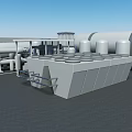 Industrial Equipment Facility Featuring Large Storage Tanks Red Truck Pipes and Square Structures