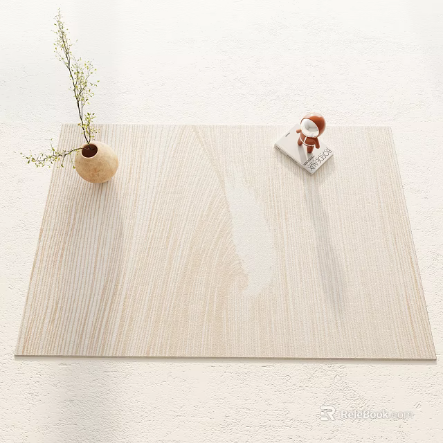 Square Rug Beige Woodgrain Design with Vase with Branches and Small Bear Figurine on Book 3d model 