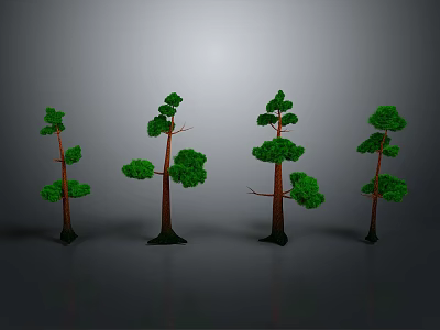 Four Green Trees with Different Shapes and Brown Trunks Against Gray Background and Ground Reflections 3d model