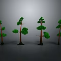 Four Green Trees with Different Shapes and Brown Trunks Against Gray Background and Ground Reflections
