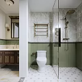 Modern Bathroom Interior with Green Tiles Glass Shower White Toilet and Wooden Vanity