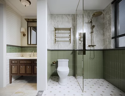 Modern Bathroom Interior with Green Tiles Glass Shower White Toilet and Wooden Vanity 3d model