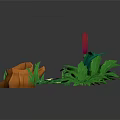 Various Green Plants With Different Leaf Shapes White Small Flowers And Orange Woven Basket