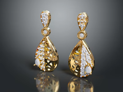 Gold Teardrop Earrings With Diamond Encrusted Filigree Design And Shiny Finish 3d model
