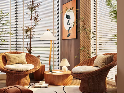Rattan Chairs and Wooden Round Table Set in Natural Interior with Plants and Window Blinds 3d model