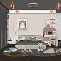 Modern Kids Room Interior With Cozy Bed Stuffed Toys Round Rug Desk And Wall Painting