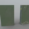 Two Green Metal Electrical Cabinets With Warning Signs And Colored Sticker
