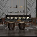 Elegant Modern Sofa And Coffee Table Set With Wooden Frame Plush Pillows And Round Stools 3d model