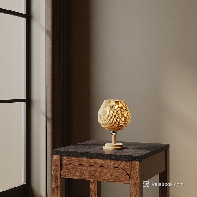 Modern Minimalist Table Lamp With Woven Shade And Wooden Base On Dark Stone Surface 3d model 