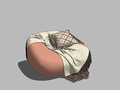 Round Orange Bean Bag Chair With Plaid Cushion And Fringed Blanket 3d model