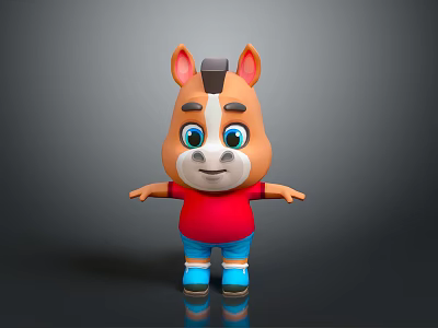 Cute Brown Cartoon Horse with Blue Eyes Red Shirt Blue Shorts Standing on Dark Background 3d model