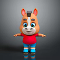 Cute Brown Cartoon Horse with Blue Eyes Red Shirt Blue Shorts Standing on Dark Background