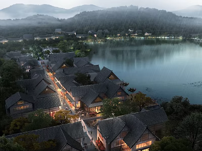 Traditional Chinese Architecture Lakefront Birds Eye View Planning With Misty Mountains And Evening Lights 3d model