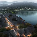 Traditional Chinese Architecture Lakefront Birds Eye View Planning With Misty Mountains And Evening Lights