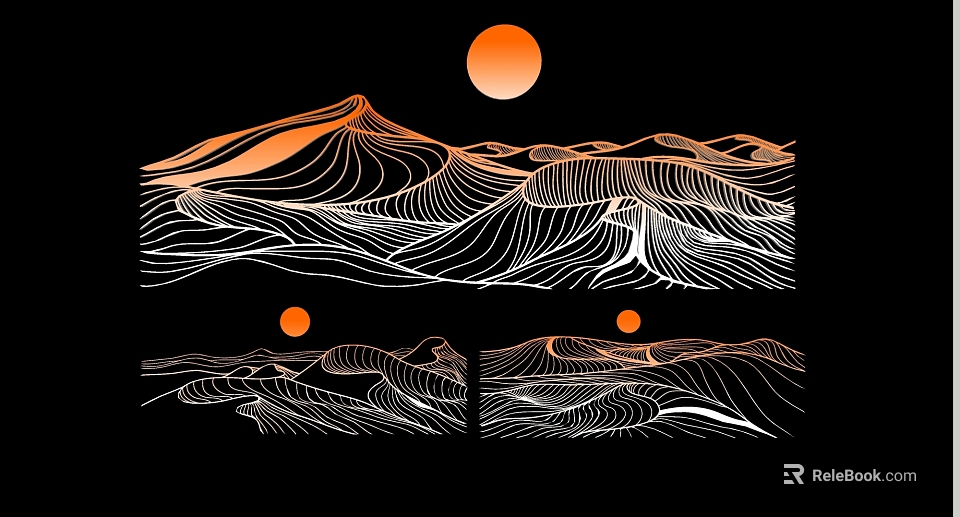 Abstract Mountain Range Silhouette Art With Orange Sun And Wavy Lines 3d model 