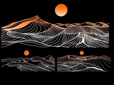 Abstract Mountain Range Silhouette Art With Orange Sun And Wavy Lines 3d model