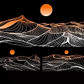 Abstract Mountain Range Silhouette Art With Orange Sun And Wavy Lines