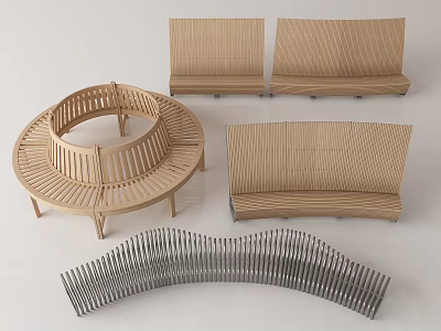 Modern Landscape Seats Featuring Circular Curved And Long Bench Slatted Designs 3d model
