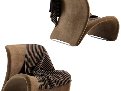 Brown Velvet Accent Chair With Modern Curved Design And Striped Throw Pillow 3d model