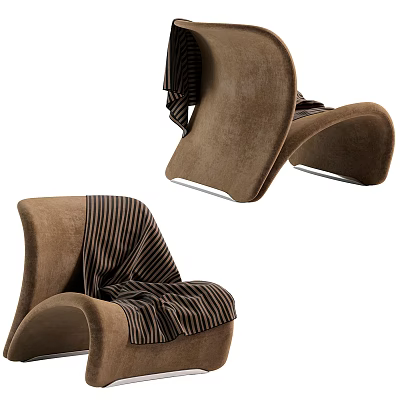 Brown Velvet Accent Chair With Modern Curved Design And Striped Throw Pillow 3d model