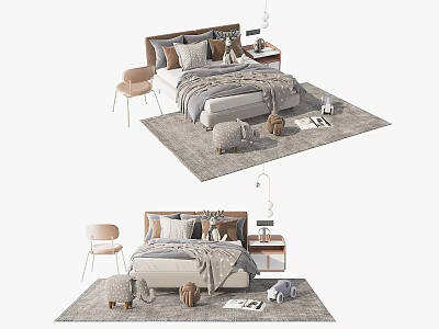 Modern Double Bed Bedroom Setup With Pillows Bedside Table Lamp Chair And Rug Decorations 3d model