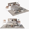 Modern Double Bed Bedroom Setup With Pillows Bedside Table Lamp Chair And Rug Decorations