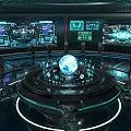 High Tech Control Room With Multiple Display Screens Glowing Circular Rings And Central Globe 3d model