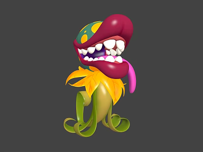 Colorful Cartoon Plant with Exaggerated Mouth Teeth Tongue Yellow Petals and Green Curly Vines 3d model