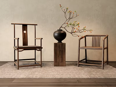 Traditional Chinese Wooden Leisure Chairs With Black Vase Pedestal Rug And Wooden Floor 3d model
