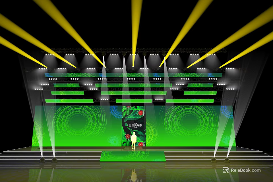 Stage Setup With Yellow Lights Green Background 2024 Text And Person Center 3d model 