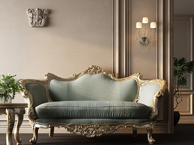 Elegant Classic Sofa Coffee Table Set With Gold Carved Frame And Green Upholstery 3d model