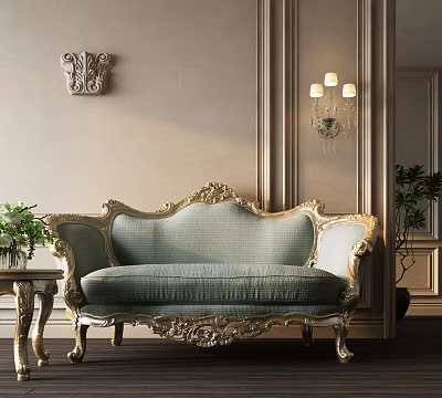 Elegant Classic Sofa Coffee Table Set With Gold Carved Frame And Green Upholstery 3d model