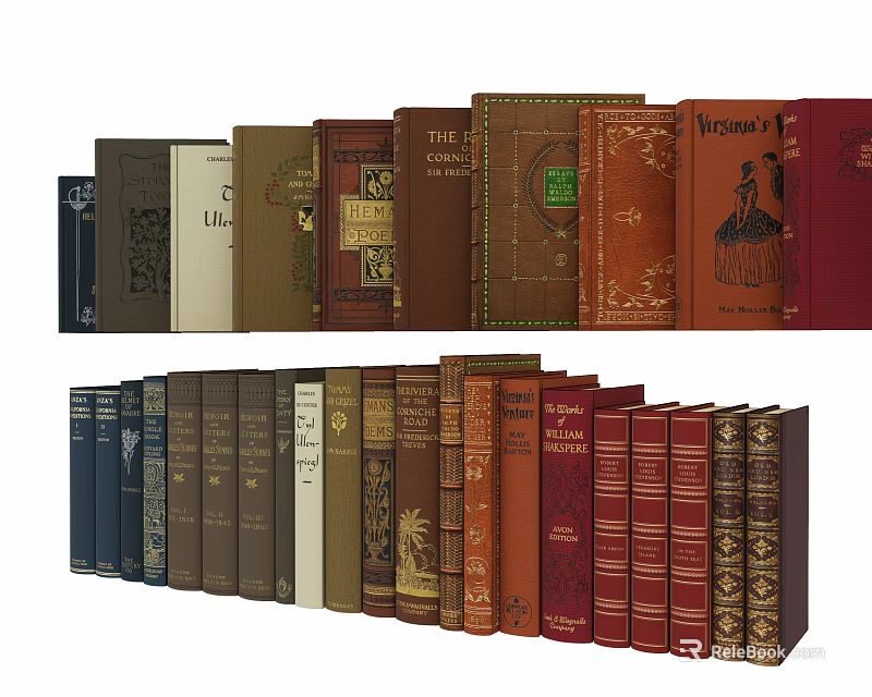 Vintage Hardcover Books Collection With Diverse Colors And Intricate Cover Designs 3d model 
