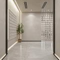 Modern Office Corridor With White Grid Wall Grey Bench Green Plant And Black Framed Poster