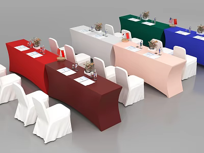 Vibrant Rectangular Tables Setup With Various Colored Tablecloths White Chairs Wine Glasses And Vases 3d model