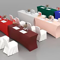 Vibrant Rectangular Tables Setup With Various Colored Tablecloths White Chairs Wine Glasses And Vases 3d model
