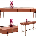 Modern Brown Desk With Pink Bear Figurine On Top And Metal Legs