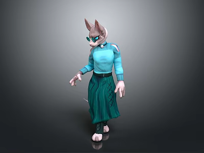 Anthropomorphic Feline Character Wearing Blue Top Green Skirt And Sunglasses 3d model