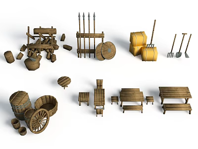 Medieval Wooden Scenery Components With Weapons Tools Furniture Barrels Carts Benches Shields And Farm Implements 3d model