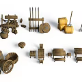 Medieval Wooden Scenery Components With Weapons Tools Furniture Barrels Carts Benches Shields And Farm Implements
