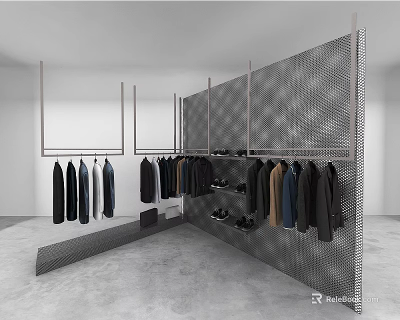 Modern Hangers With Various Clothes Hanging On Metal Mesh Wall In Clothing Display Space 3d model 