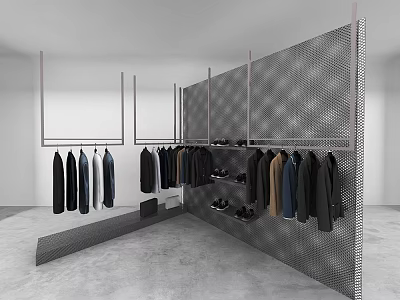 Modern Hangers With Various Clothes Hanging On Metal Mesh Wall In Clothing Display Space 3d model