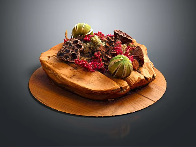 Natural Plant Arrangement With Green Fruits Red Berries Honeycomb Elements On Wooden Base 3d model