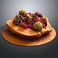 Natural Plant Arrangement With Green Fruits Red Berries Honeycomb Elements On Wooden Base